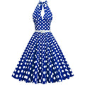 Womens Halter Retro 50s Vintage Polka Dots Tea Dress with Belt Blue