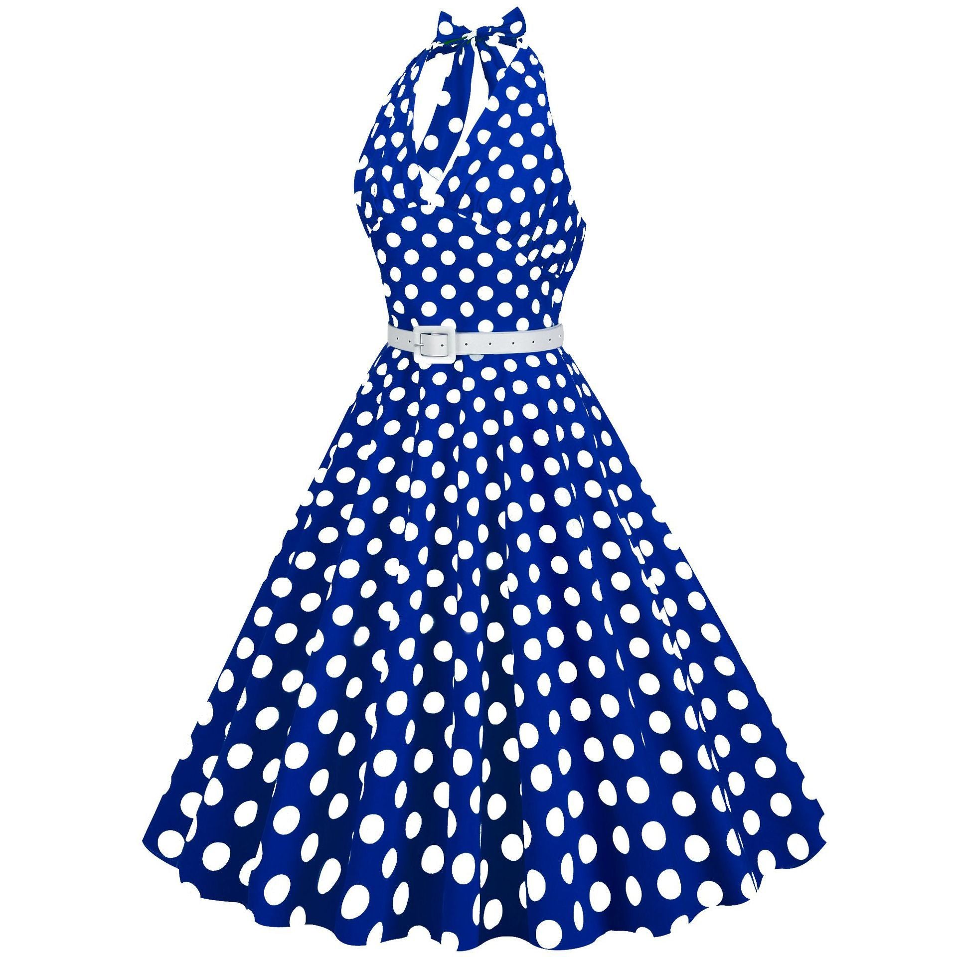 Womens Halter Retro 50s Vintage Polka Dots Tea Dress with Belt Blue