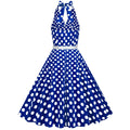 Womens Halter Retro 50s Vintage Polka Dots Tea Dress with Belt Blue