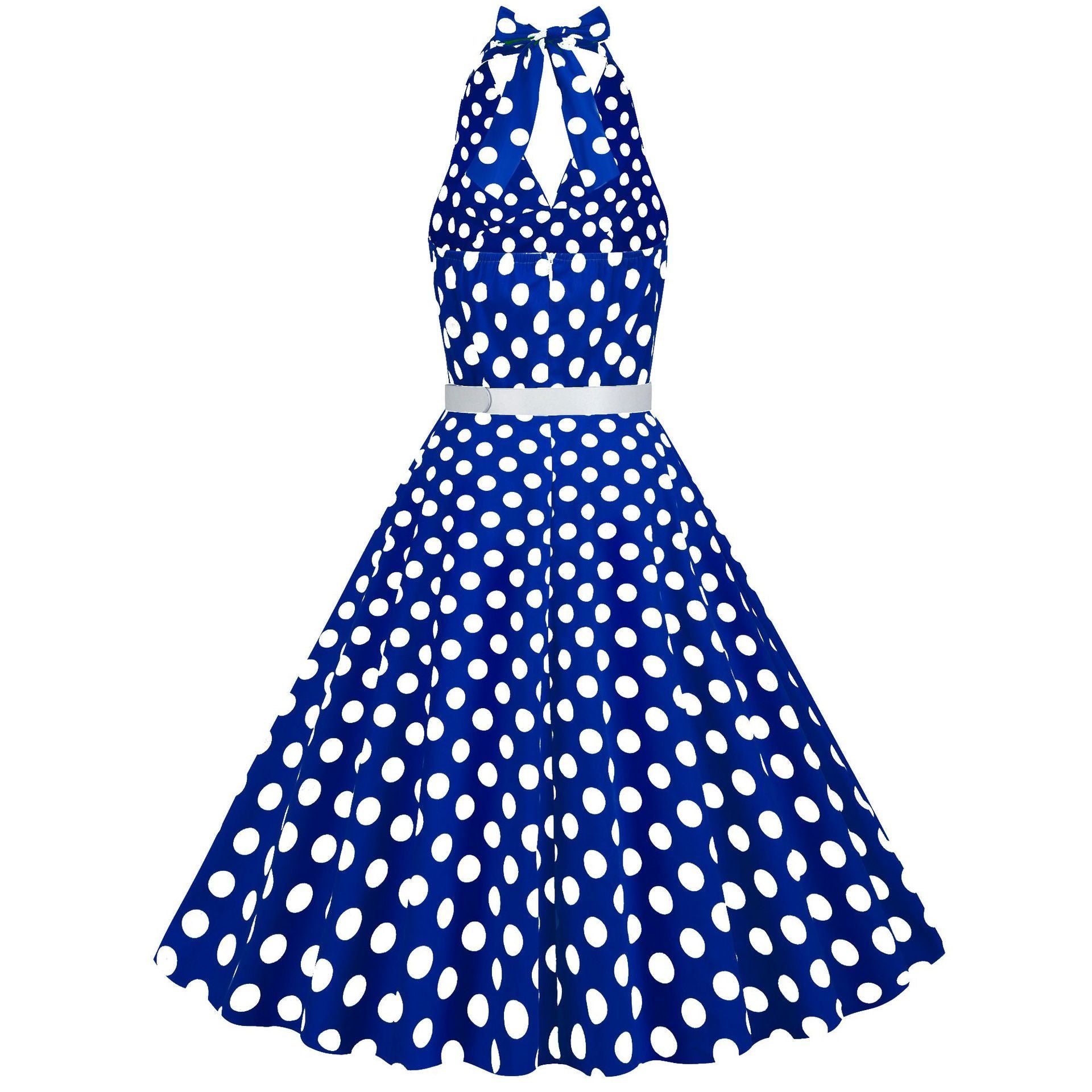 Womens Halter Retro 50s Vintage Polka Dots Tea Dress with Belt Blue