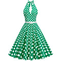 Womens Halter Retro 50s Vintage Polka Dots Tea Dress with Belt Green