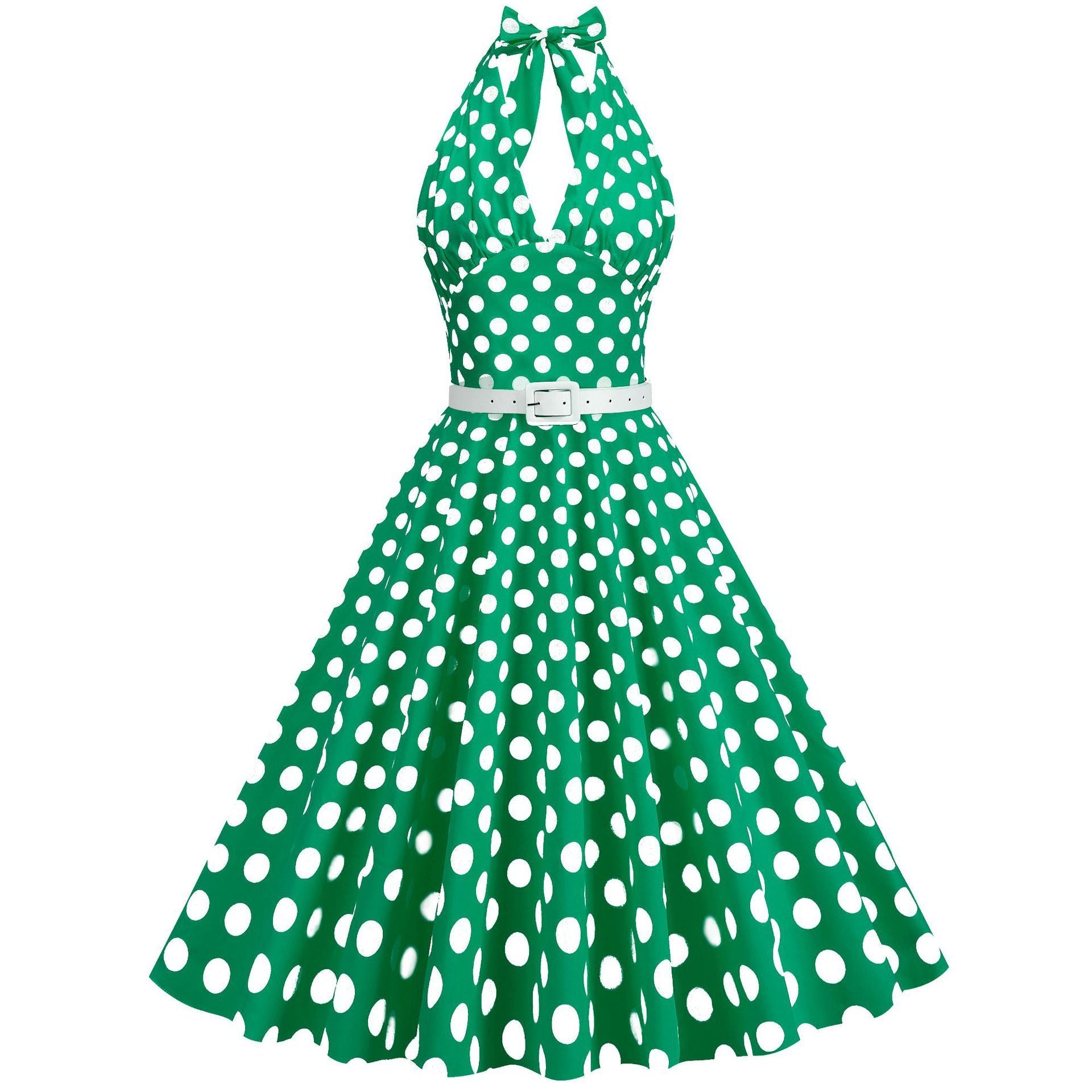 Womens Halter Retro 50s Vintage Polka Dots Tea Dress with Belt Green