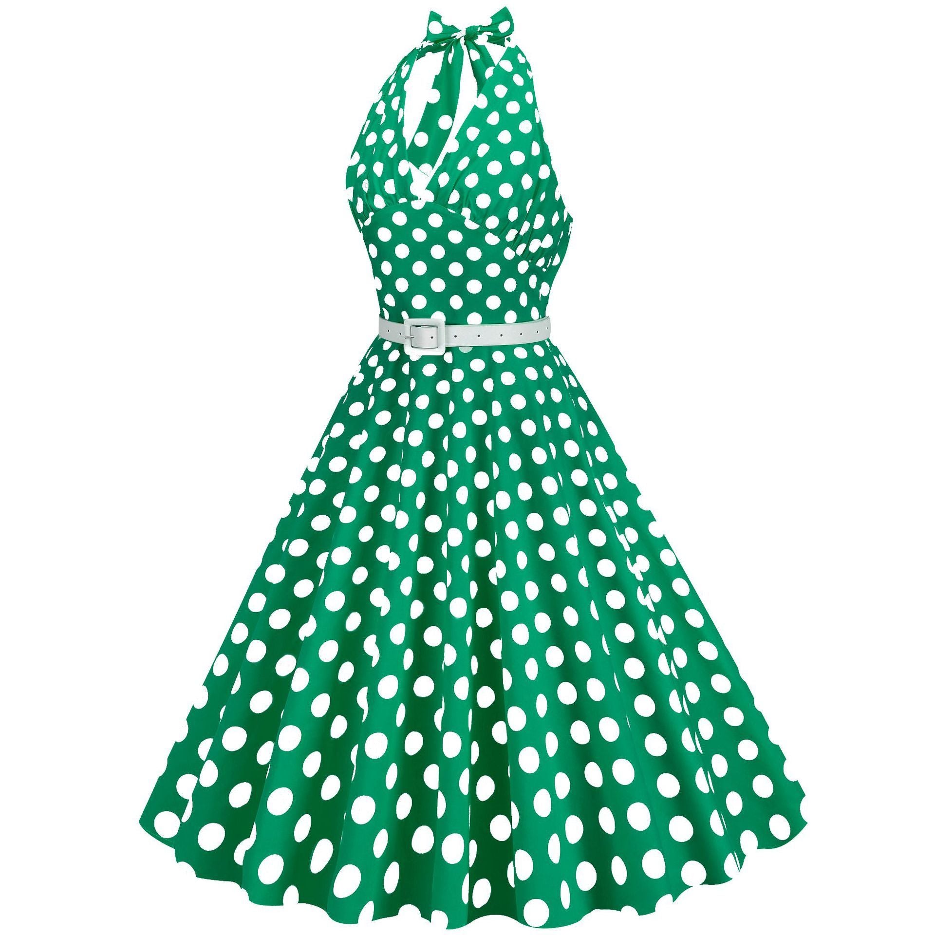Womens Halter Retro 50s Vintage Polka Dots Tea Dress with Belt Green