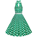 Womens Halter Retro 50s Vintage Polka Dots Tea Dress with Belt Green