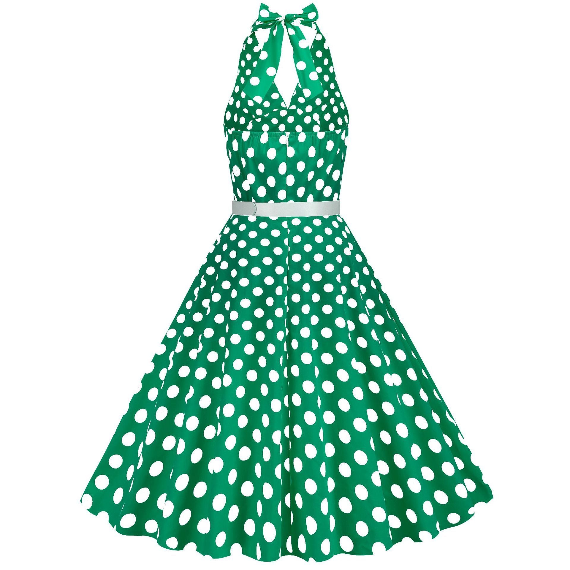 Womens Halter Retro 50s Vintage Polka Dots Tea Dress with Belt Green
