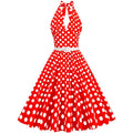 Womens Halter Retro 50s Vintage Polka Dots Tea Dress with Belt Red