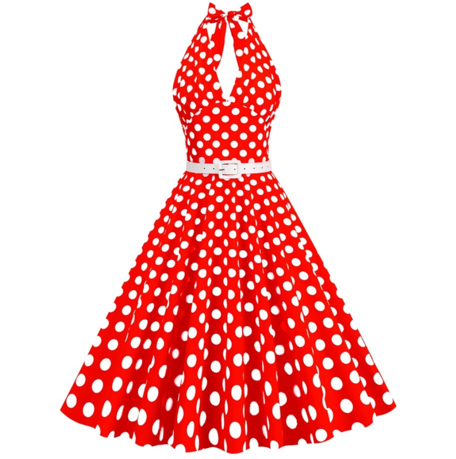 Womens Halter Retro 50s Vintage Polka Dots Tea Dress with Belt Red