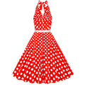 Womens Halter Retro 50s Vintage Polka Dots Tea Dress with Belt Red