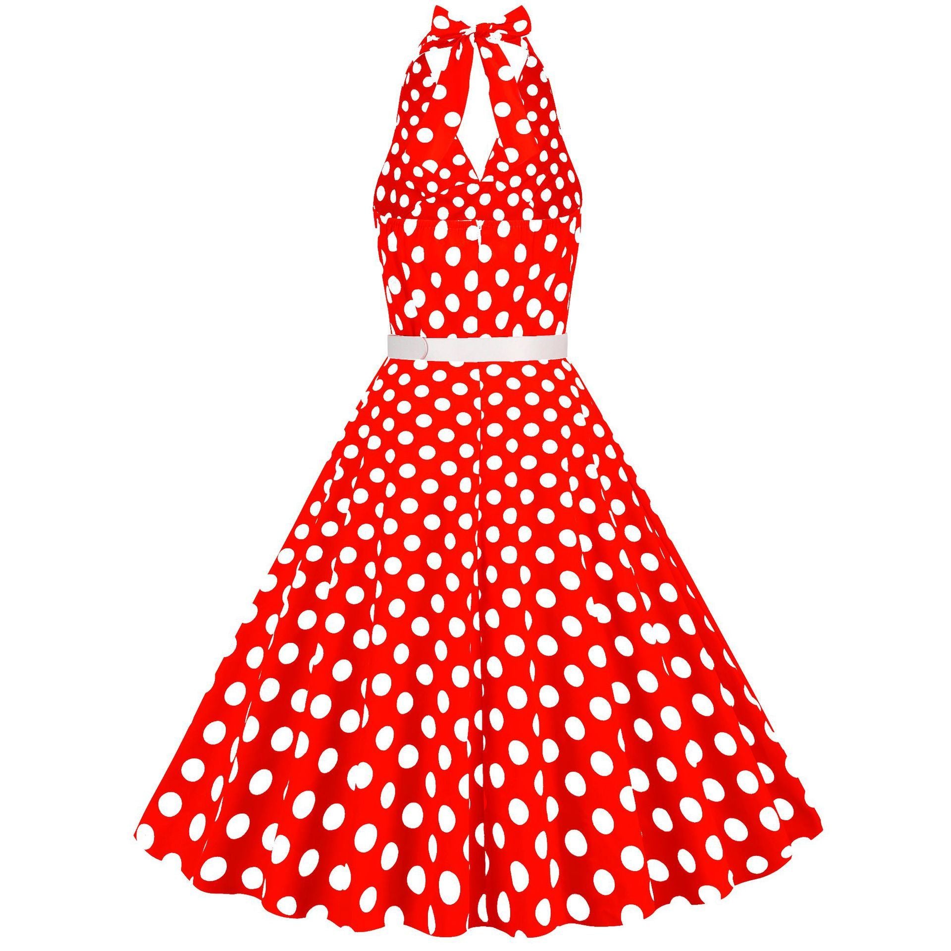 Womens Halter Retro 50s Vintage Polka Dots Tea Dress with Belt Red