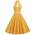 Womens Halter Retro 50s Vintage Polka Dots Tea Dress with Belt Yellow