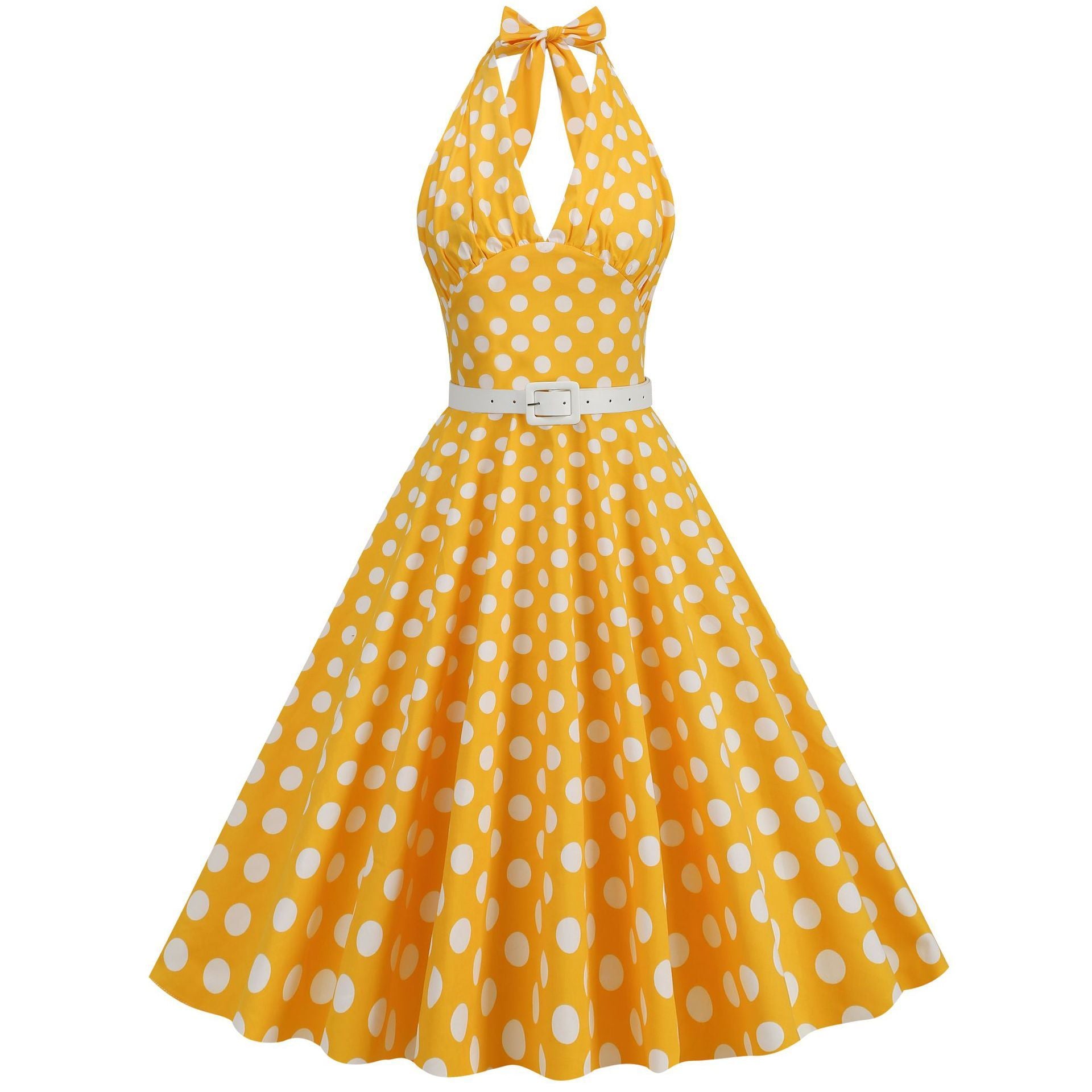 Womens Halter Retro 50s Vintage Polka Dots Tea Dress with Belt Yellow