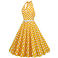Womens Halter Retro 50s Vintage Polka Dots Tea Dress with Belt Yellow