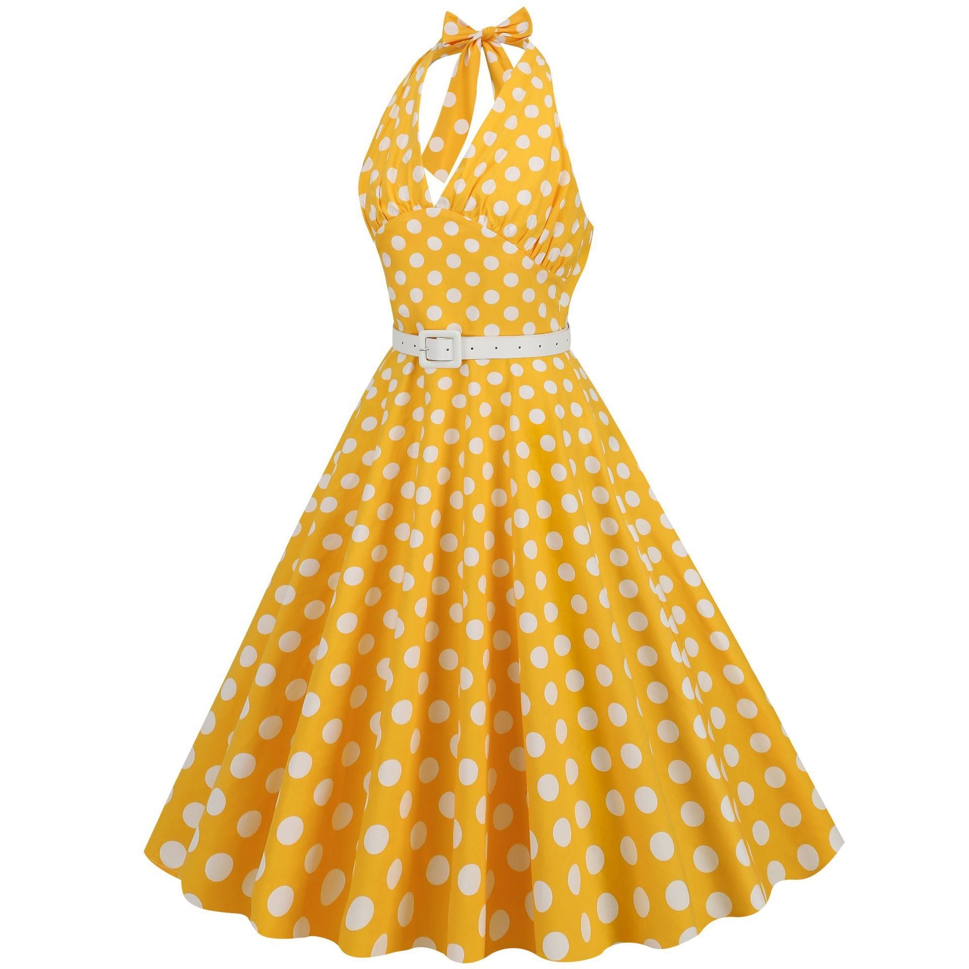 Womens Halter Retro 50s Vintage Polka Dots Tea Dress with Belt Yellow
