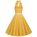 Womens Halter Retro 50s Vintage Polka Dots Tea Dress with Belt Yellow