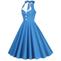 Womens Hepburn Style 1950s Vintage Style Backless Halter Neck Dress Blue