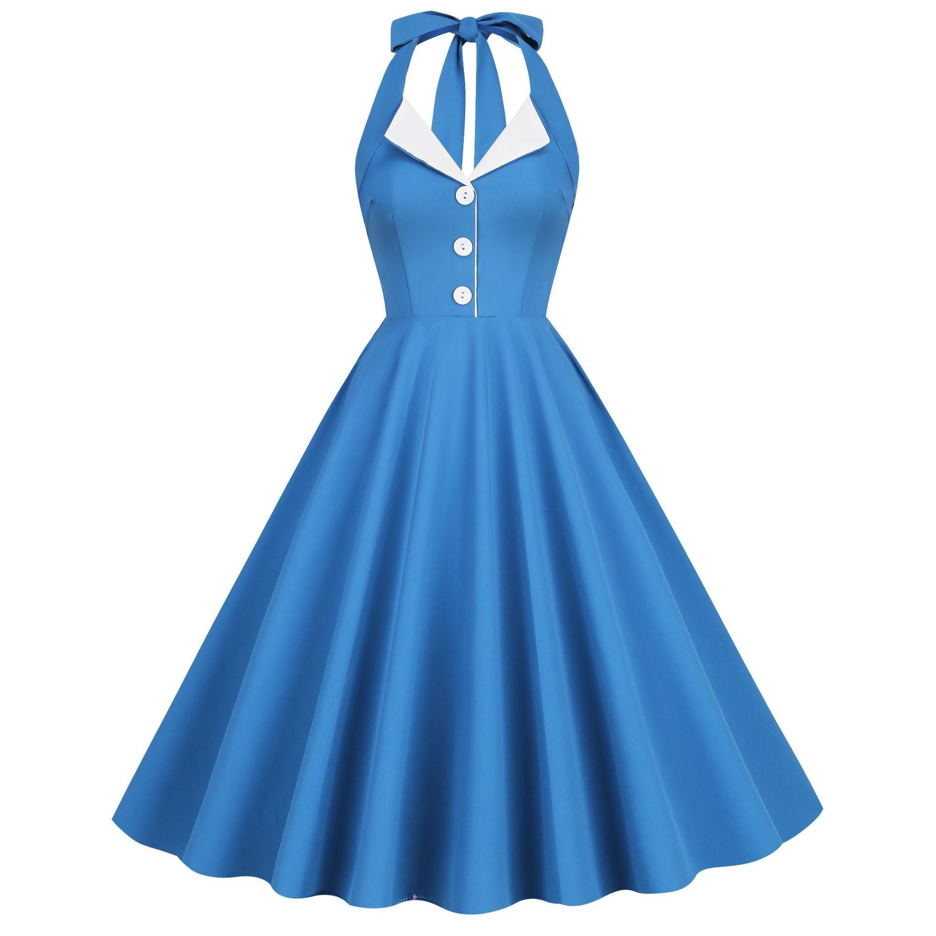 Womens Hepburn Style 1950s Vintage Style Backless Halter Neck Dress Blue