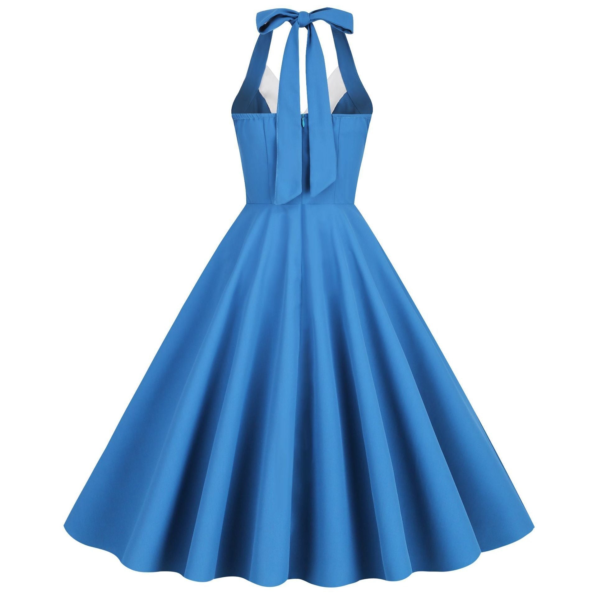 Womens Hepburn Style 1950s Vintage Style Backless Halter Neck Dress Blue
