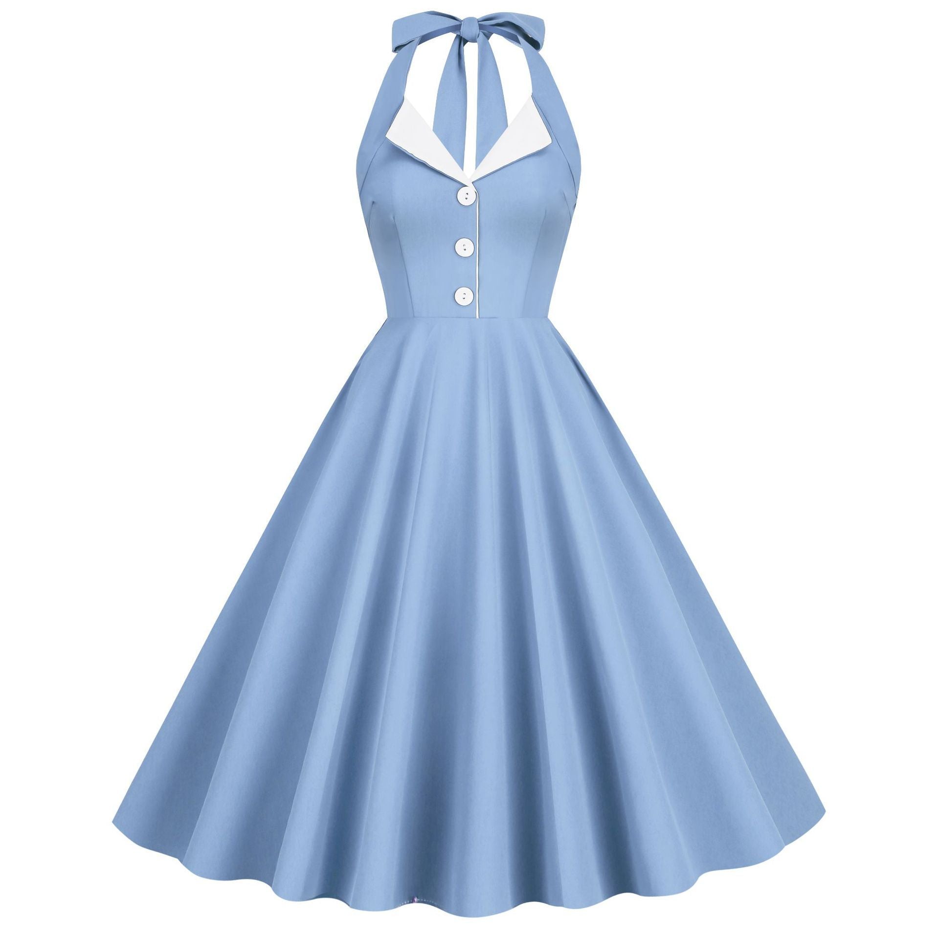 Womens Hepburn Style 1950s Vintage Style Backless Halter Neck Dress Light Blue