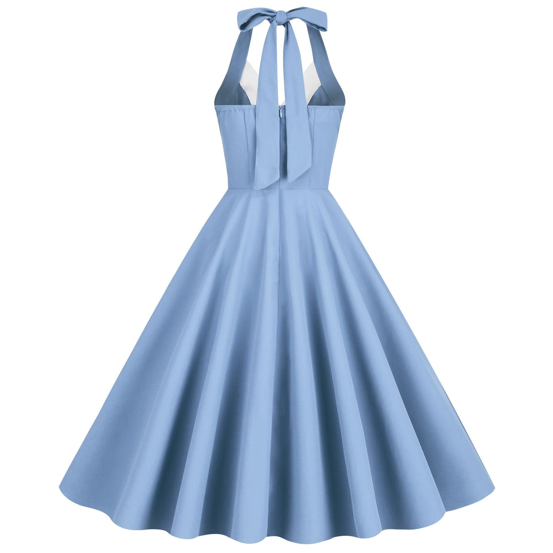 Womens Hepburn Style 1950s Vintage Style Backless Halter Neck Dress Light Blue