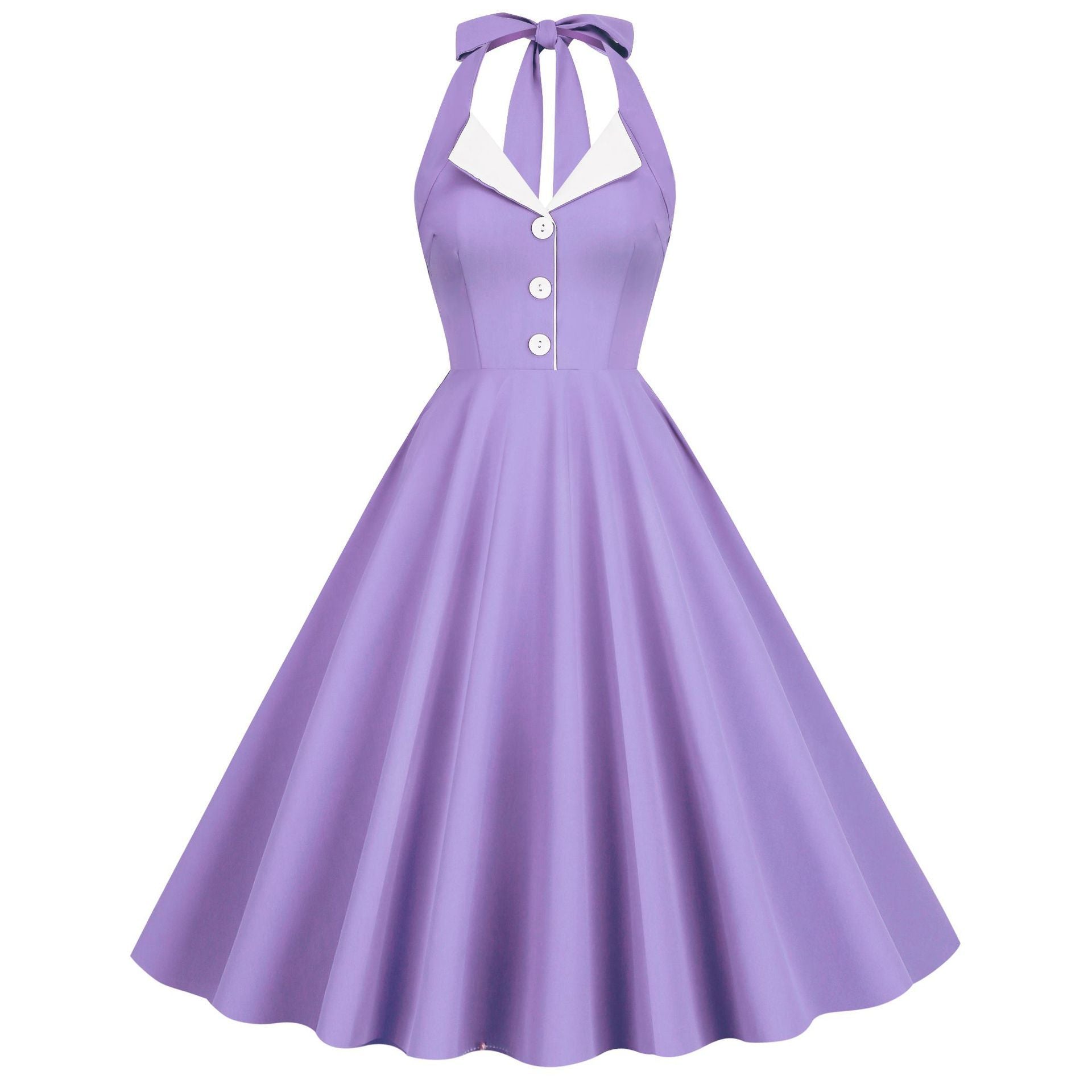 Womens Hepburn Style 1950s Vintage Style Backless Halter Neck Dress Light Purple
