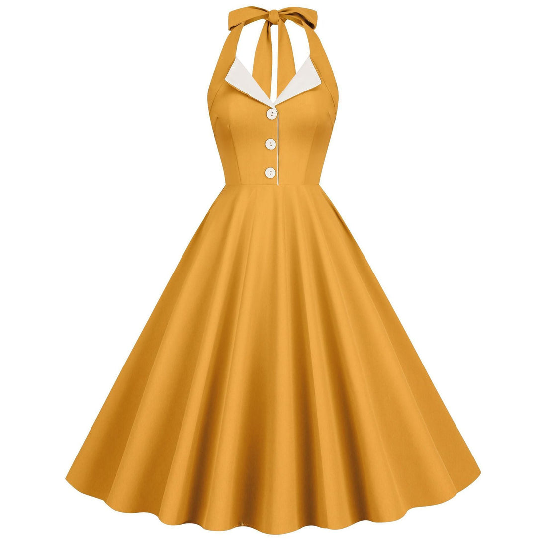 Womens Hepburn Style 1950s Vintage Style Backless Halter Neck Dress Yellow