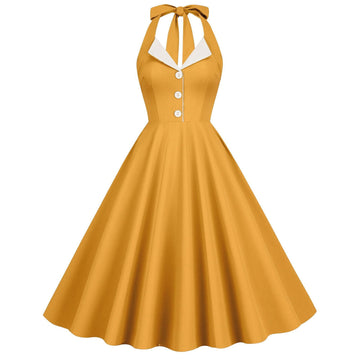 Womens Hepburn Style 1950s Vintage Style Backless Halter Neck Dress Yellow