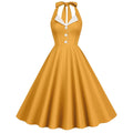 Womens Hepburn Style 1950s Vintage Style Backless Halter Neck Dress Yellow