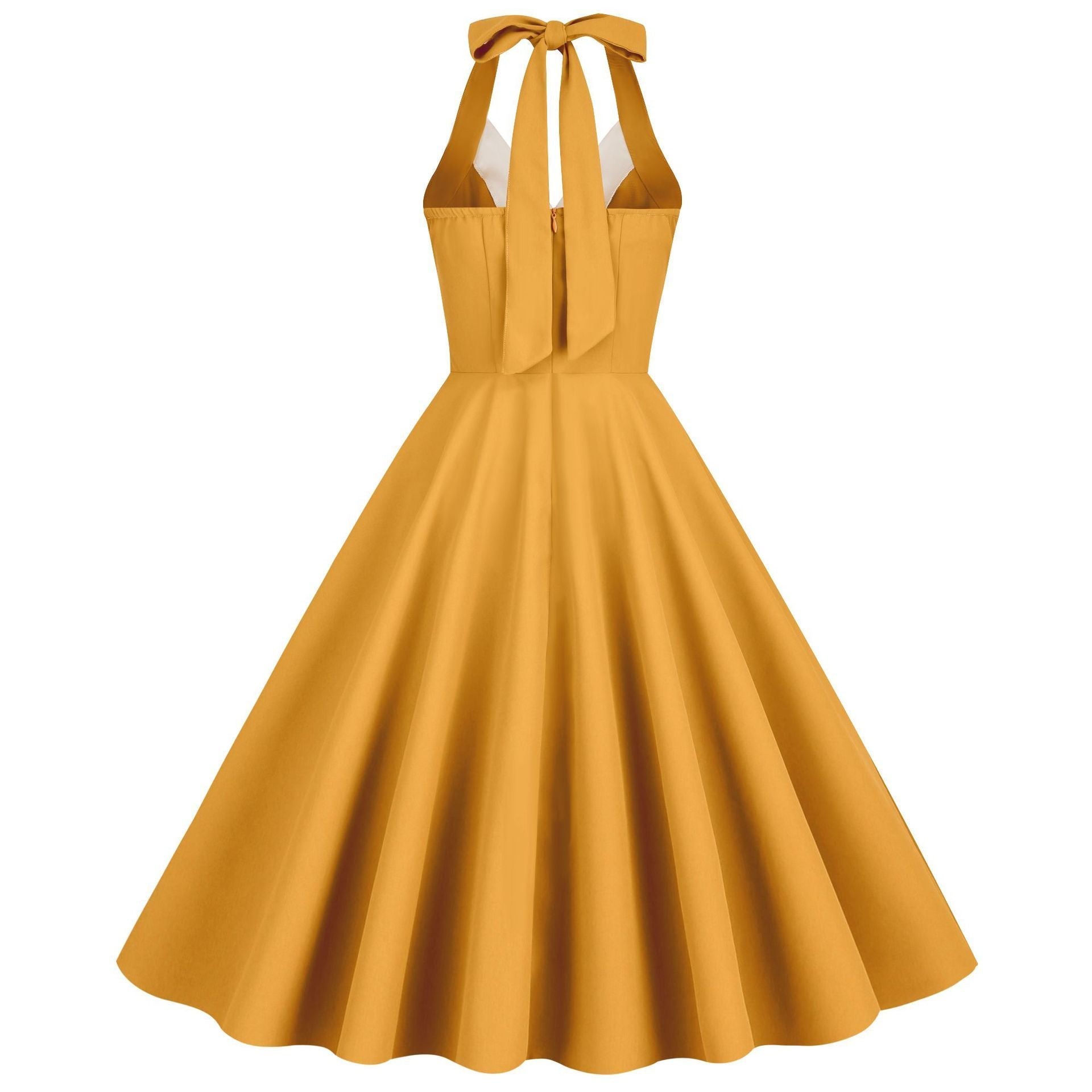 Womens Hepburn Style 1950s Vintage Style Backless Halter Neck Dress Yellow