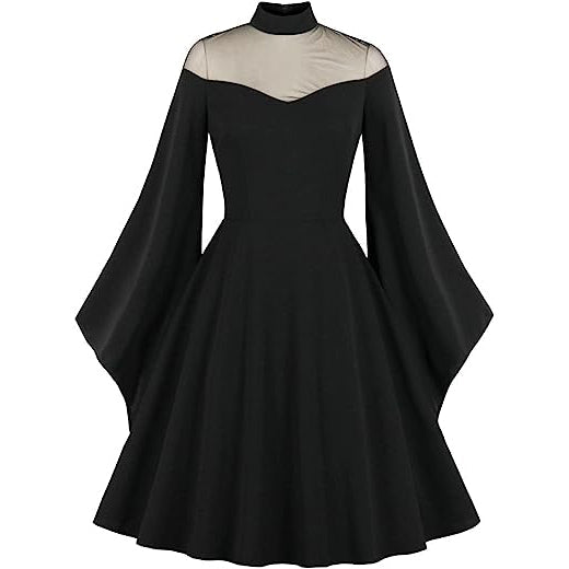Womens Mesh Bell Sleeves Halloween Gothic Vintage Dress Black
