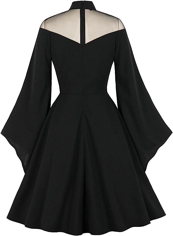 Womens Mesh Bell Sleeves Halloween Gothic Vintage Dress Black
