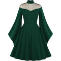 Womens Mesh Bell Sleeves Halloween Gothic Vintage Dress Green
