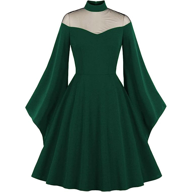 Womens Mesh Bell Sleeves Halloween Gothic Vintage Dress Green