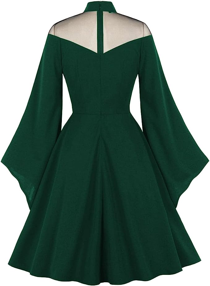 Womens Mesh Bell Sleeves Halloween Gothic Vintage Dress Green