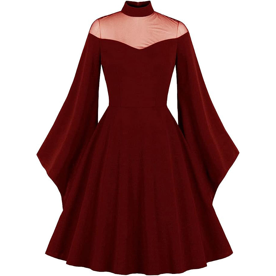 Womens Mesh Bell Sleeves Halloween Gothic Vintage Dress Wine