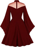 Womens Mesh Bell Sleeves Halloween Gothic Vintage Dress Wine