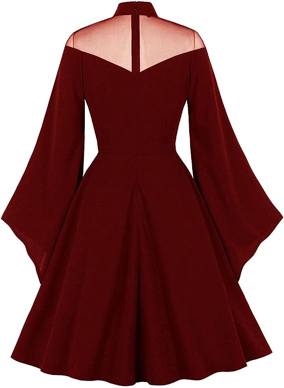 Womens Mesh Bell Sleeves Halloween Gothic Vintage Dress Wine