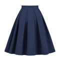 Womens Pleated 1950s Vintage Skirt Floral Print A-line Midi Skirts Navy