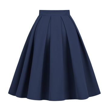 Womens Pleated 1950s Vintage Skirt Floral Print A-line Midi Skirts Navy