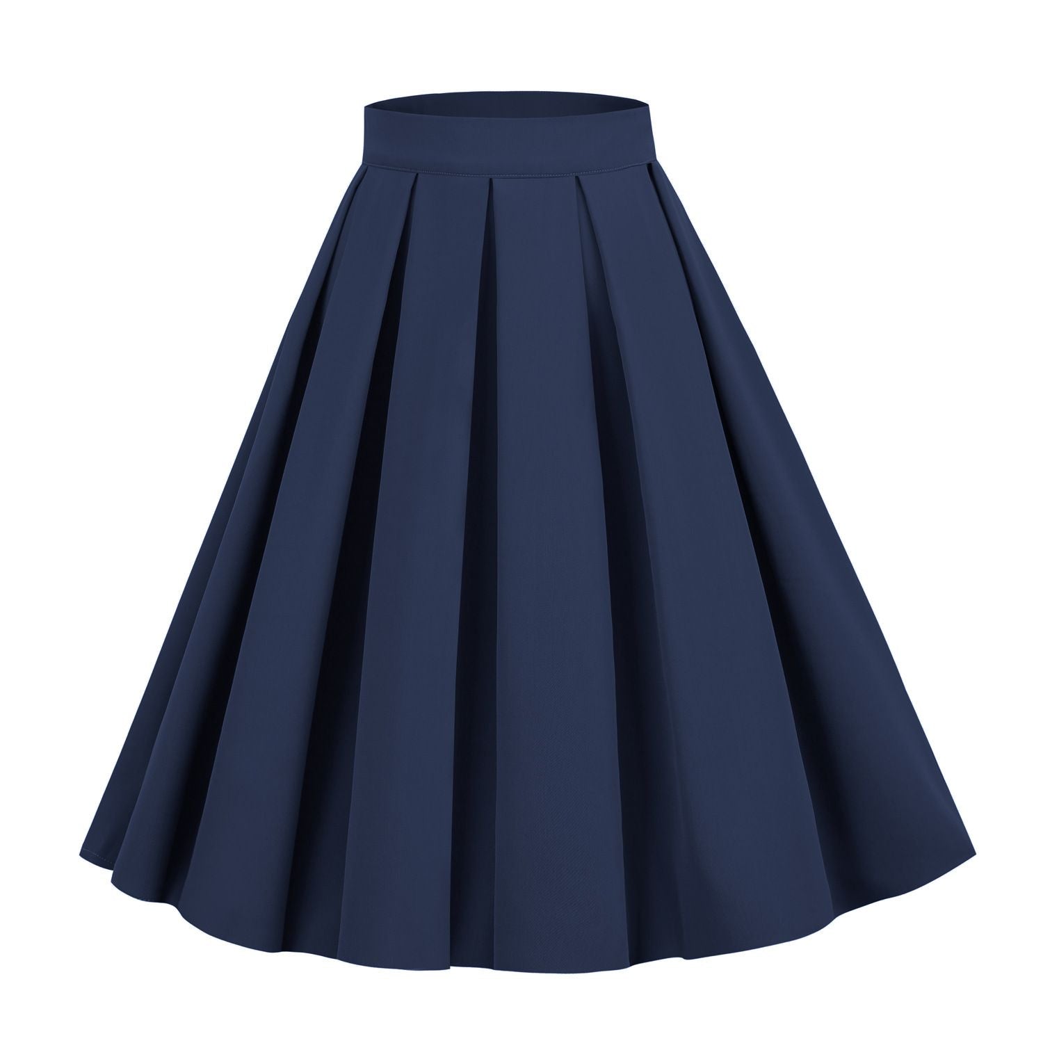 Womens Pleated 1950s Vintage Skirt Floral Print A-line Midi Skirts Navy