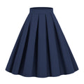 Womens Pleated 1950s Vintage Skirt Floral Print A-line Midi Skirts Navy