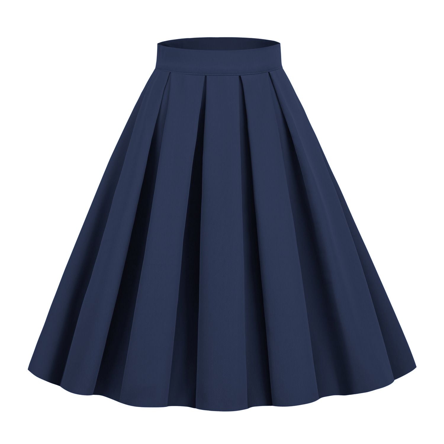 Womens Pleated 1950s Vintage Skirt Floral Print A-line Midi Skirts Navy