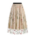 Womens Retro 50s Vintage Floral Tulle Embroidery A-Line Pleated Skirts Beige