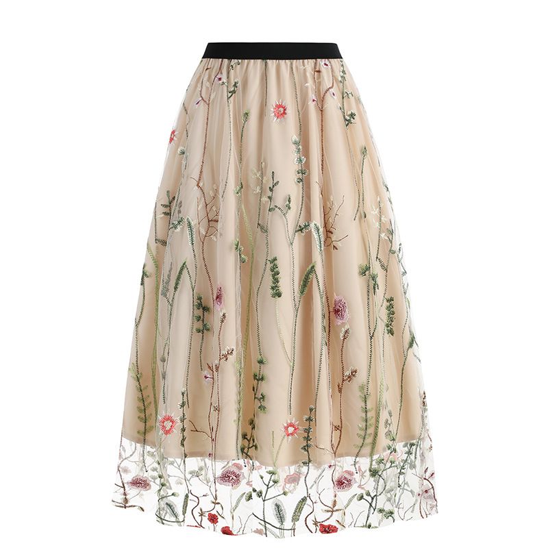 Womens Retro 50s Vintage Floral Tulle Embroidery A-Line Pleated Skirts Beige