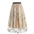 Womens Retro 50s Vintage Floral Tulle Embroidery A-Line Pleated Skirts Beige
