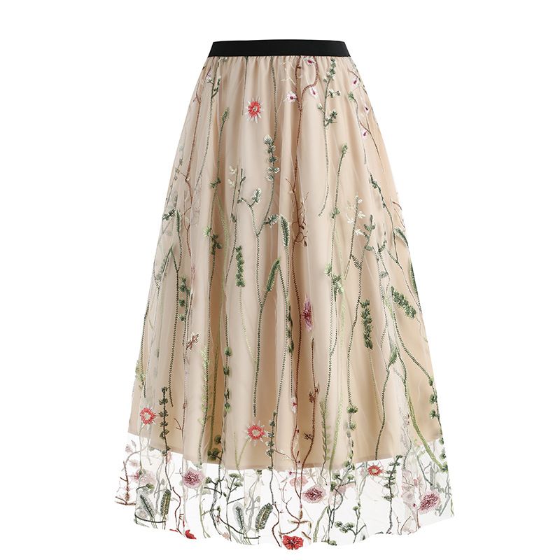 Womens Retro 50s Vintage Floral Tulle Embroidery A-Line Pleated Skirts Beige