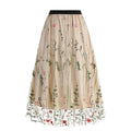 Womens Retro 50s Vintage Floral Tulle Embroidery A-Line Pleated Skirts Beige