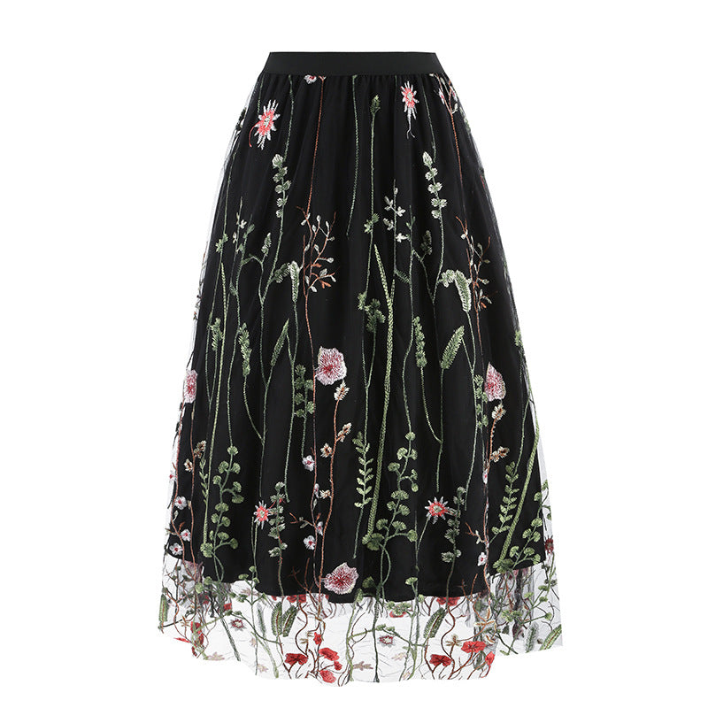 Womens Retro 50s Vintage Floral Tulle Embroidery A-Line Pleated Skirts Black