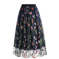 Womens Retro 50s Vintage Floral Tulle Embroidery A-Line Pleated Skirts Blue