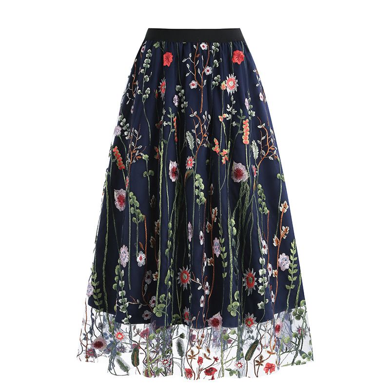 Womens Retro 50s Vintage Floral Tulle Embroidery A-Line Pleated Skirts Blue