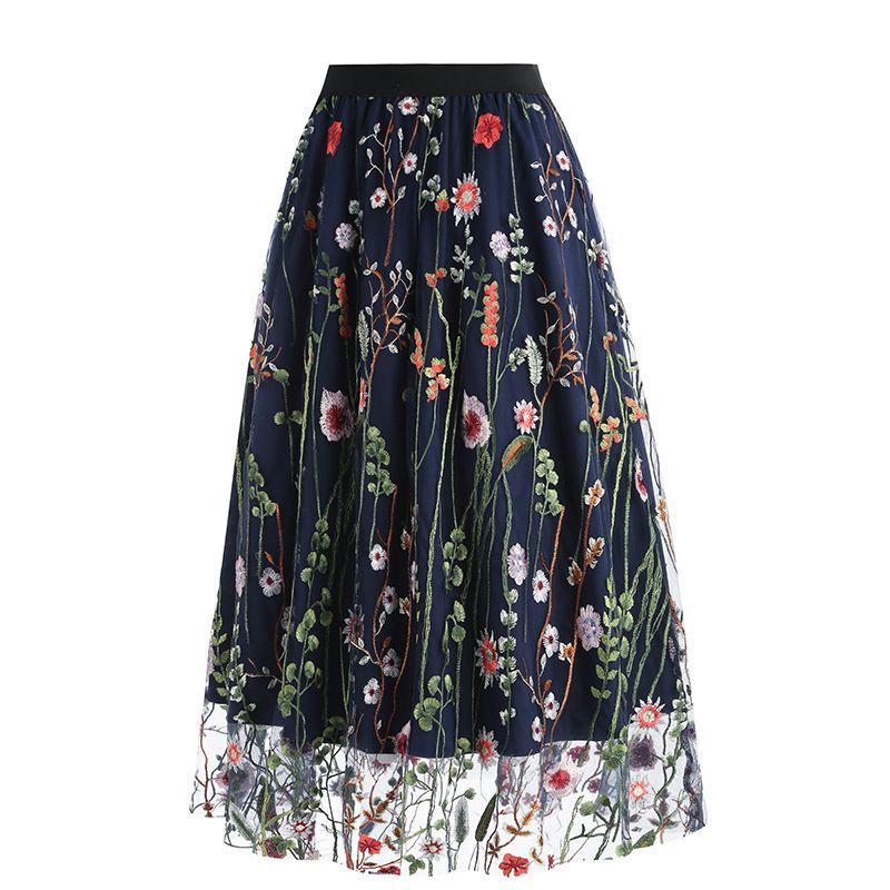 Womens Retro 50s Vintage Floral Tulle Embroidery A-Line Pleated Skirts Blue